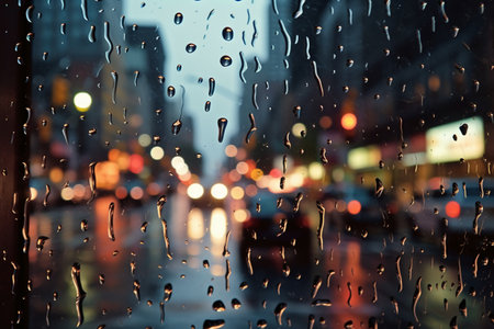 rain drops on the glass with city lights in the background, abstract backgroundの素材