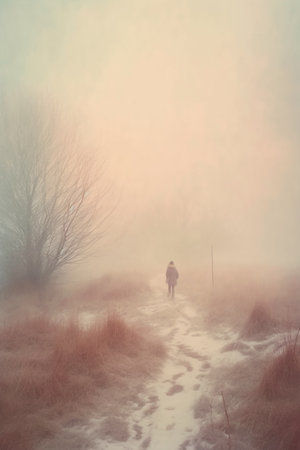 Foggy winter landscape. A man walks along a path in the fog.の素材
