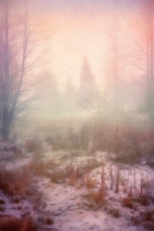 Winter landscape with fog in the forest at sunrise. Vintage style.の素材