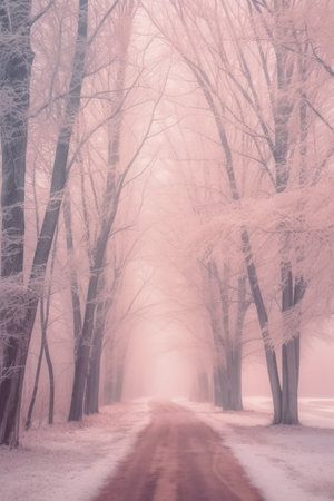 Foggy winter road in the forest. Beautiful winter landscape.の素材