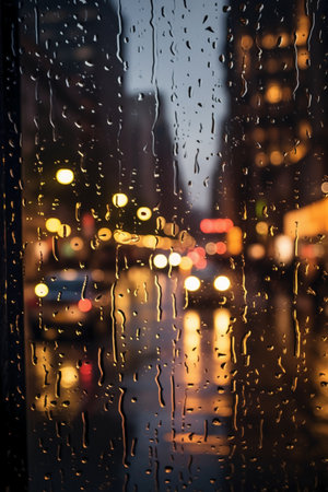rain drops on glass with blur background of city street and bokehの素材