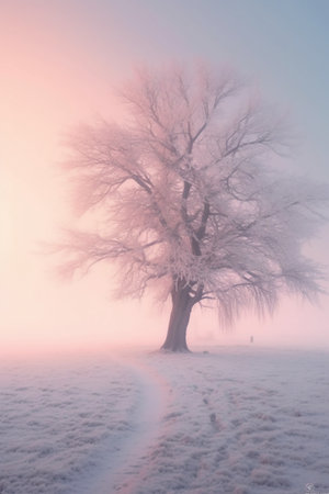 Beautiful winter landscape with a lonely tree on a foggy morningの素材