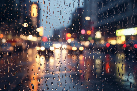 rain drops on glass with blurred background of city street, bokehの素材