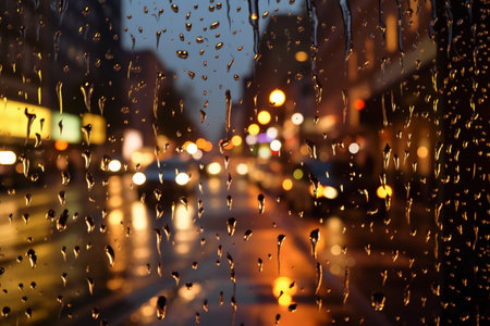 raindrops on the glass with the background of the night city streetの素材