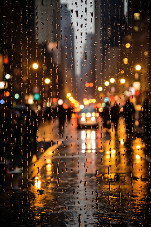 Rain drops on the glass. Blurred city street at night.の素材
