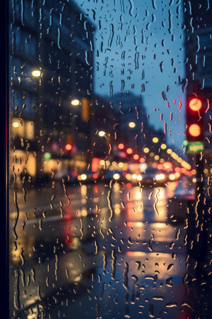 Rain drops on the window, Blurred traffic lights in the background.の素材