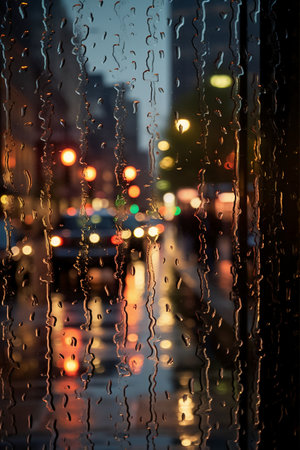 Rain drops on the glass. Blurred lights of cars in the city.の素材