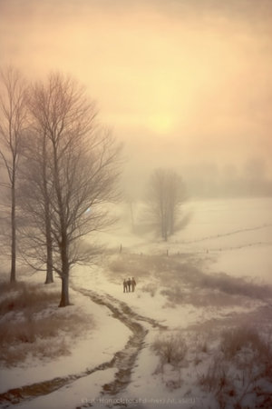 Horses in the fog at sunrise. Winter landscape. Toned.の素材