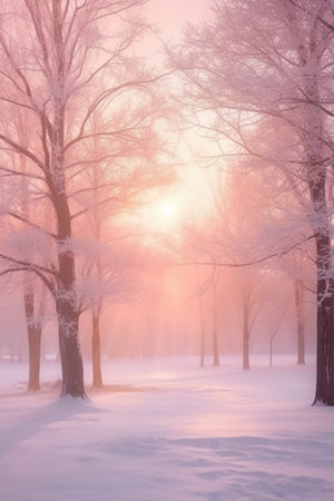 Beautiful winter landscape with trees covered with hoarfrost and fogの素材