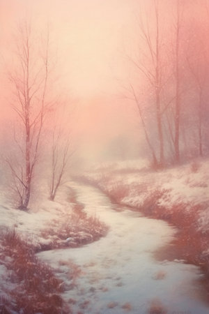 Beautiful winter landscape with fog in the forest. Toned.の素材