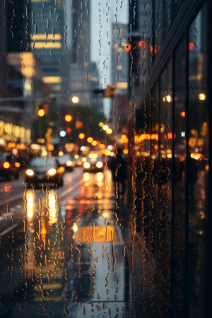 Rain drops on the glass. Blurred background of the city.の素材
