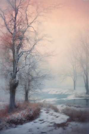 Winter landscape with fog and trees on the bank of the river.の素材