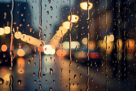 Rain drops on the glass with blur background of traffic jam and lightsの素材