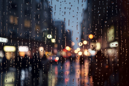 Rain drops on the glass with blurred background of the city at nightの素材