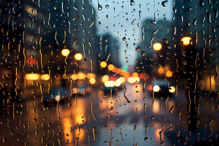 rain drops on the glass with blur background of traffic jam in the cityの素材