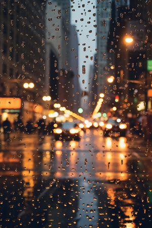Rain drops on the glass with blurred background of city street and carsの素材