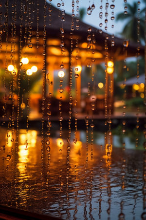 Rain drops on glass with blurred bokeh background at night time.の素材