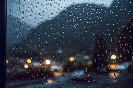 Rain drops on window glass with view of the city at night.の素材