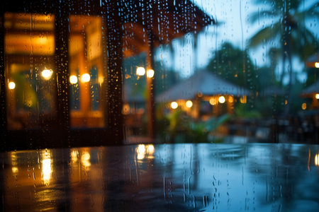 blur image of restaurant with rain drop on wood table and bokeh light background.の素材