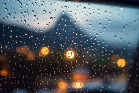 Rain drops on car glass with blurred city light bokeh backgroundの素材