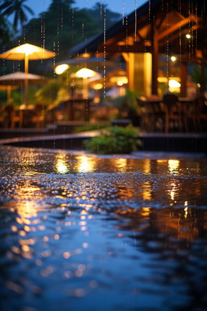 Rain drops on the glass with blurred background of cafe and restaurant.の素材