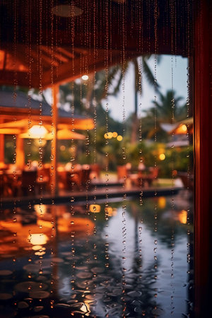 Raindrops on the glass of a swimming pool with a restaurant in the backgroundの素材