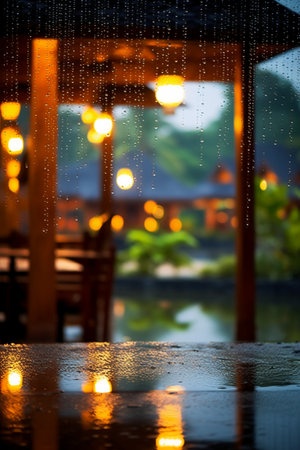 Rain drops on the glass with blurred restaurant background, shallow depth of fieldの素材
