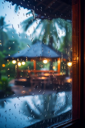 Rain drops on the window. Blurred background with bokehの素材