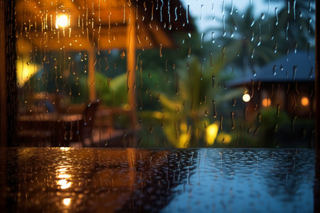 Rain drop on wood table with blur restaurant background, bokeh lightの素材