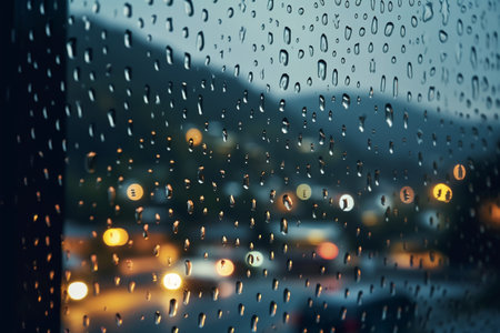 rain drops on the glass with blur background of car road and cityの素材