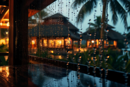Beautiful view through the window of a restaurant with raindrops.の素材
