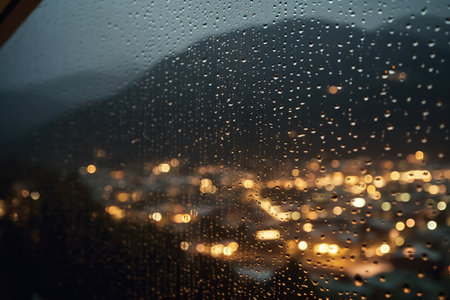Rain drops on the window with blurred city lights in the background.の素材