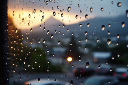 rain drop on window glass with mountain view in the background at sunsetの素材