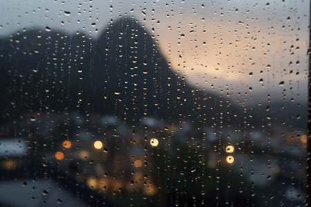 Rain drops on the window with a view of the city and mountainsの素材