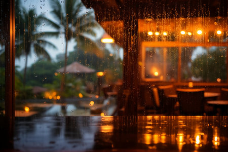 Rain drops on the glass with blurred restaurant background, Blur backgroundの素材