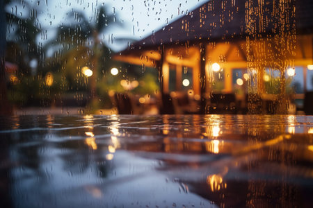 Rain drops on the glass with blurred background of cafe and restaurant in the eveningの素材