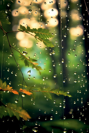 Drops of rain on the leaves of trees in the forest.の素材