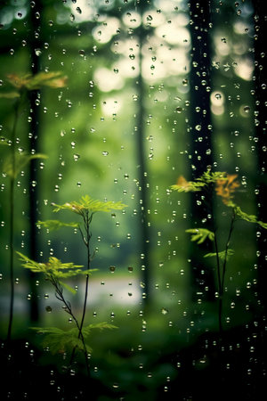 Rain drops on the glass in the forest. Blurred background.の素材