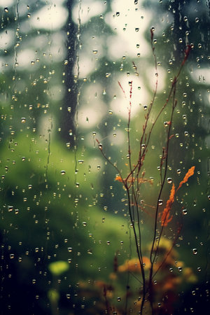Raindrops on the window with autumn leaves and trees in the backgroundの素材
