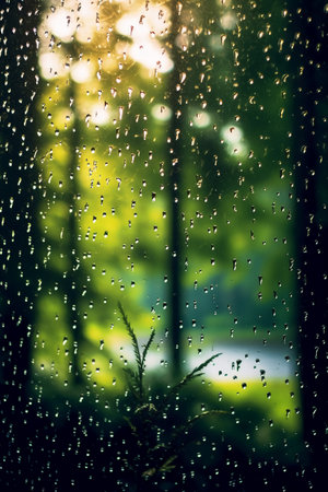 Rain drops on the window with green forest in background. Selective focus.の素材