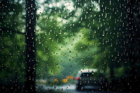 Rain drops on the glass with blurred car on the road background.の素材