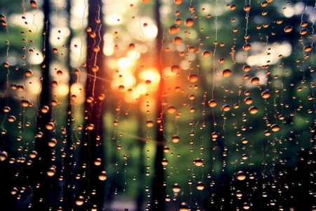 raindrops on the glass in the forest at sunset, abstract backgroundの素材