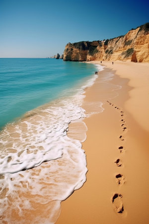 Footprints in the sand at the Algarve coast, Portugalの素材