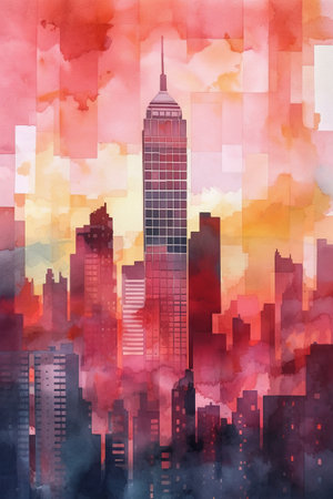 Modern skyscrapers on colorful watercolor background. Digital art painting.の素材