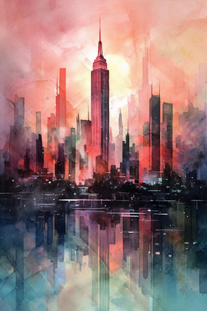 New York City skyscrapers in the fog. Digital watercolor painting.の素材
