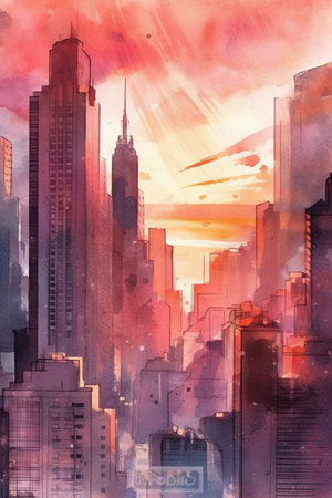 Watercolor painting of New York City skyscrapers at sunset.の素材