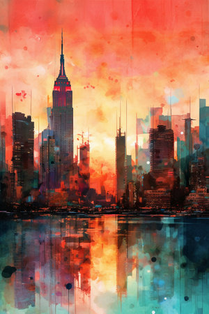 Abstract watercolor painting of New York City skyscrapers at sunset.の素材