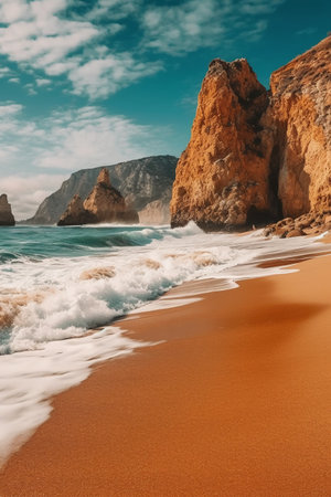 Beautiful sandy beach on the Algarve coast, Portugal, Europeの素材