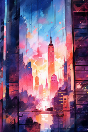 Illustration of New York City skyscrapers. Modern art painting.の素材