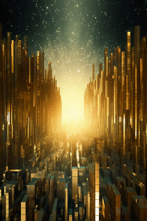 Futuristic cityscape with glowing skyscrapers. 3D renderingの素材
